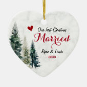 Elegant first Christmas Married heart shaped セラミックオーナメント (正面)