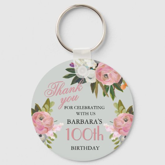 Elegant Floral 100th Birthday Party Favor キーホルダー (正面)