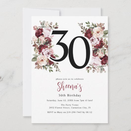 Elegant Floral 30th Birthday 招待状 (正面)