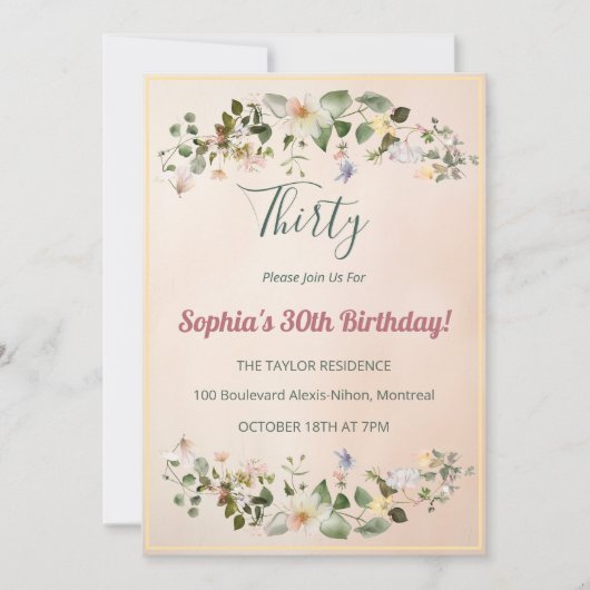 Elegant Floral 30th Birthday Invitation 招待状 (正面)