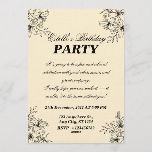 Elegant Floral 40th Birthday Invitation Template 招待状 (裏面)