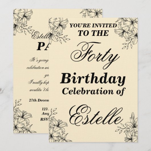 Elegant Floral 40th Birthday Invitation Template 招待状 (正面/裏面)