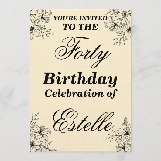 Elegant Floral 40th Birthday Invitation Template 招待状 (正面)