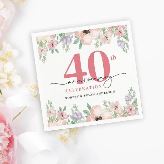Elegant Floral 40th Wedding Anniversary スタンダードカクテルナプキン