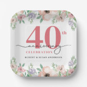 Elegant Floral 40th Wedding Anniversary ペーパープレート (正面)