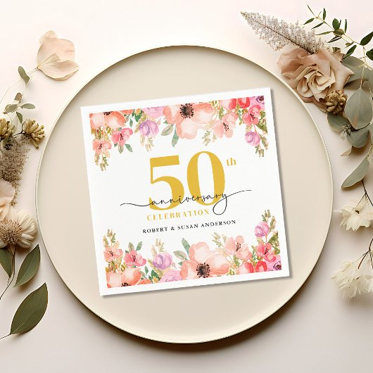 Elegant Floral 50th Wedding Anniversary スタンダードカクテルナプキン