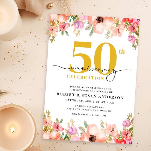 Elegant Floral 50th Wedding Anniversary 招待状