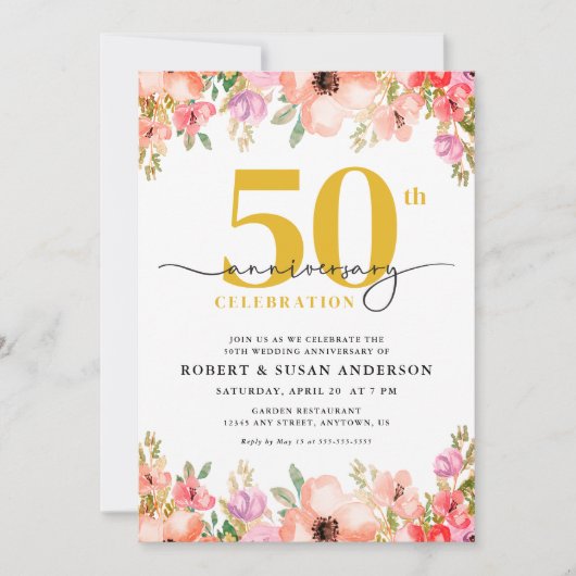 Elegant Floral 50th Wedding Anniversary 招待状 (正面)