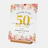 Elegant Floral 50th Wedding Anniversary Welcome アクリルサイン (傾斜)