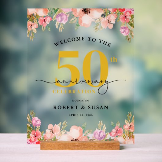 Elegant Floral 50th Wedding Anniversary Welcome アクリルサイン (ニュートラル)