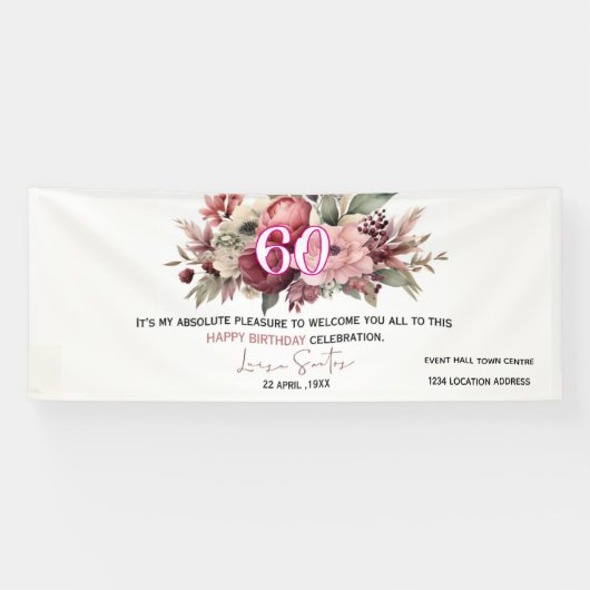 Elegant Floral 60th Happy Birthday Banner 横断幕 (横)