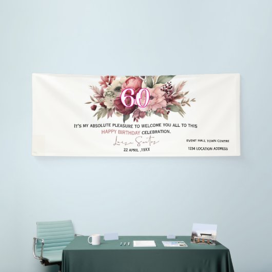 Elegant Floral 60th Happy Birthday Banner 横断幕 (トレードショー)
