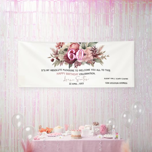 Elegant Floral 60th Happy Birthday Banner 横断幕 (パーティー)