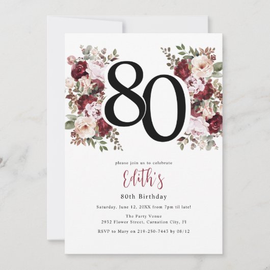 Elegant Floral 80th Birthday 招待状 (正面)