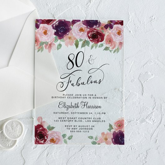 Elegant Floral 80th Birthday Party アクリル招待状