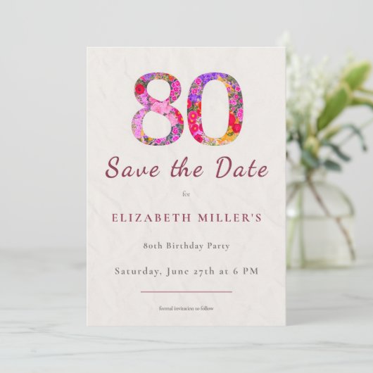 Elegant Floral 80th Birthday Save the Date Card (スタンド正面)