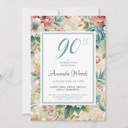Elegant floral 90th birthday milestone celebration 招待状 (正面)