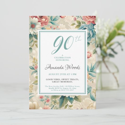 Elegant floral 90th birthday milestone celebration 招待状 (スタンド正面)