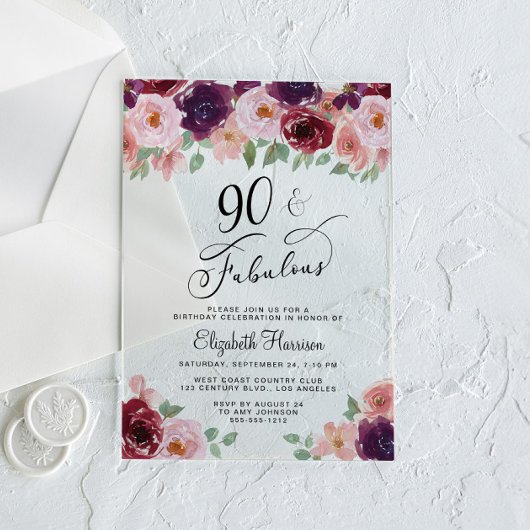Elegant Floral 90th Birthday Party アクリル招待状
