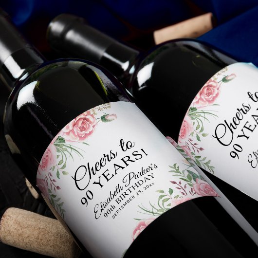 Elegant floral 90th birthday party ワインラベル