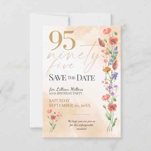 Elegant Floral 95th Birthday - 95 Save The Date (正面)