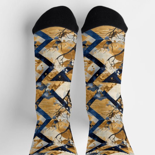Elegant Floral and Blue Patchwork – Personalized ソックス (上部)