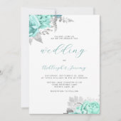 Elegant Floral Aqua Silver QR Code Wedding 招待状 (正面)