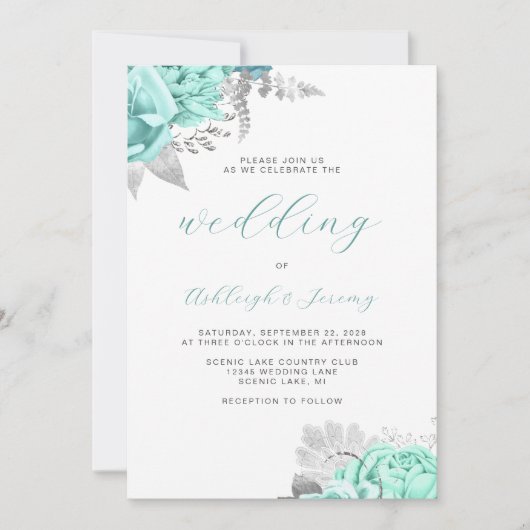 Elegant Floral Aqua Silver QR Code Wedding 招待状 (正面)