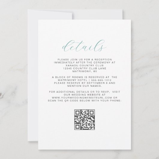 Elegant Floral Aqua Silver QR Code Wedding 招待状 (裏面)