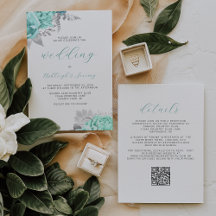 Elegant Floral Aqua Silver QR Code Wedding
