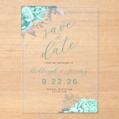 Elegant Floral Aqua Silver Save the Date アクリル招待状 (正面)