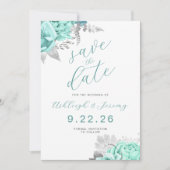 Elegant Floral Aqua Silver Save the Date 招待状 (正面)