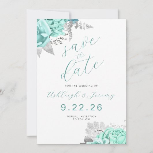 Elegant Floral Aqua Silver Save the Date 招待状 (正面)