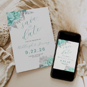 Elegant Floral Aqua Silver Save the Date 招待状
