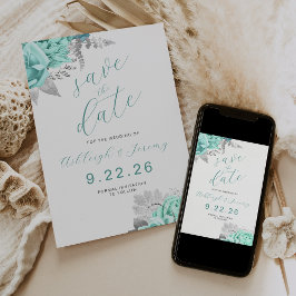 Elegant Floral Aqua Silver Save the Date 招待状