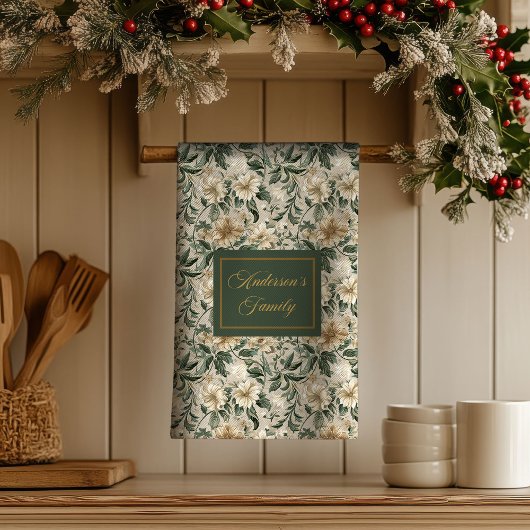 Elegant Floral Art Personalized Green Gold Towel  キッチンタオル