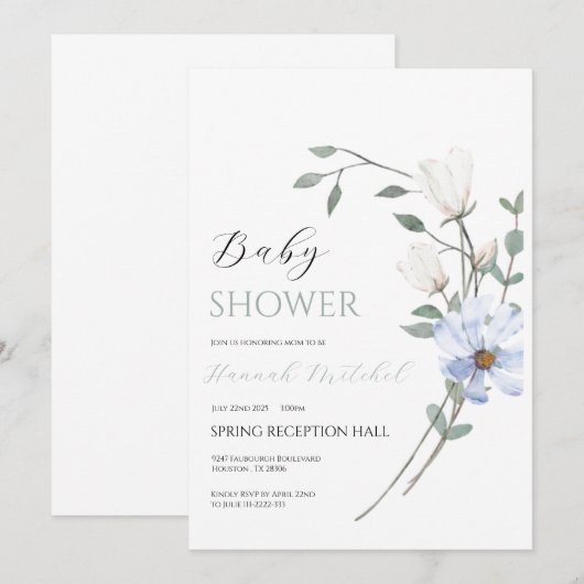 Elegant Floral Baby Shower Invitation Customizable 招待状 (正面/裏面)