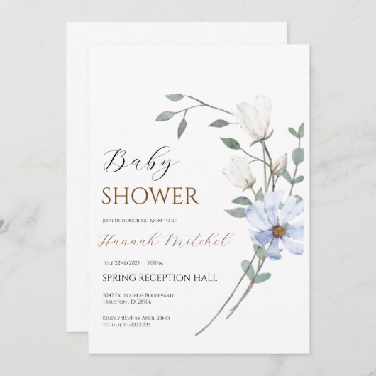 Elegant Floral Baby Shower Invitation Customizable 招待状 (正面/裏面)