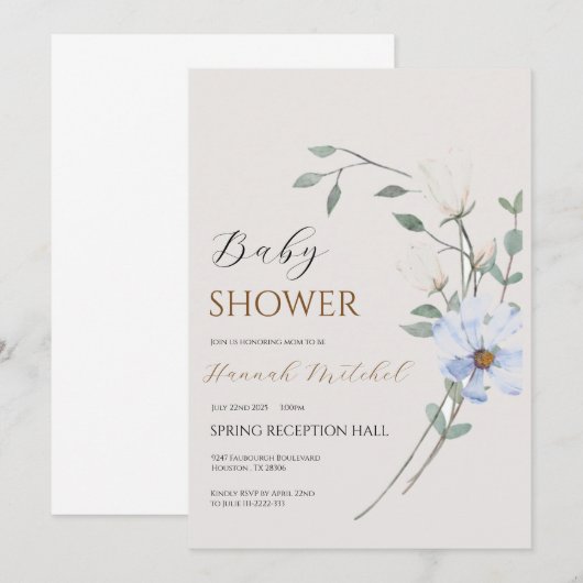Elegant Floral Baby Shower Invitation Customizable 招待状 (正面/裏面)