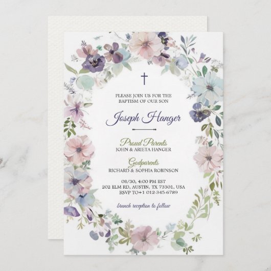 Elegant floral baptism Invitation 招待状 (正面/裏面)