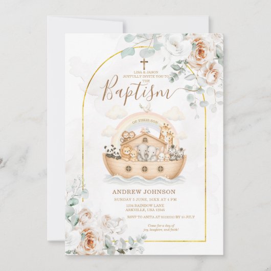 Elegant Floral Baptism Noah Ark Invitation  招待状 (正面)