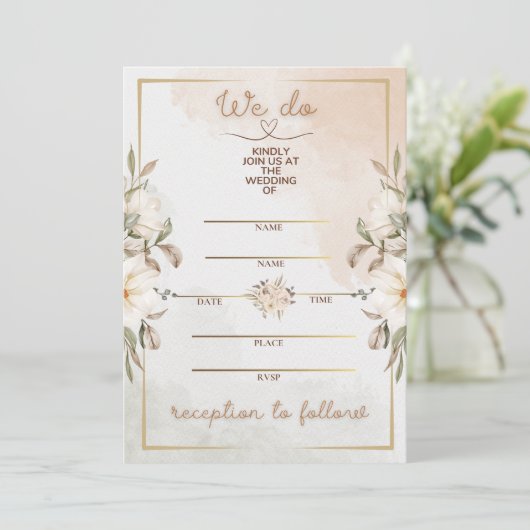 Elegant Floral Beige Watercolor Minimal Gold Frame 招待状 (スタンド正面)