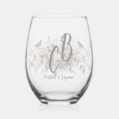 Elegant floral bird Monogram Script Name Bridal Sh ステムなしワイングラス (正面)