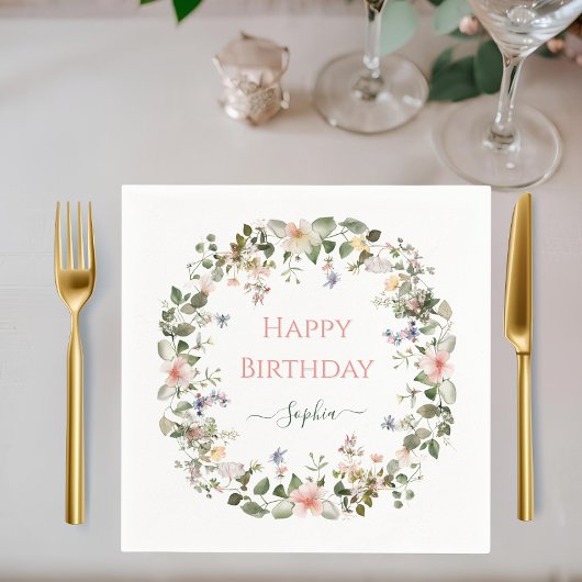Elegant Floral Birthday – Custom Name Party Napkin スタンダードカクテルナプキン