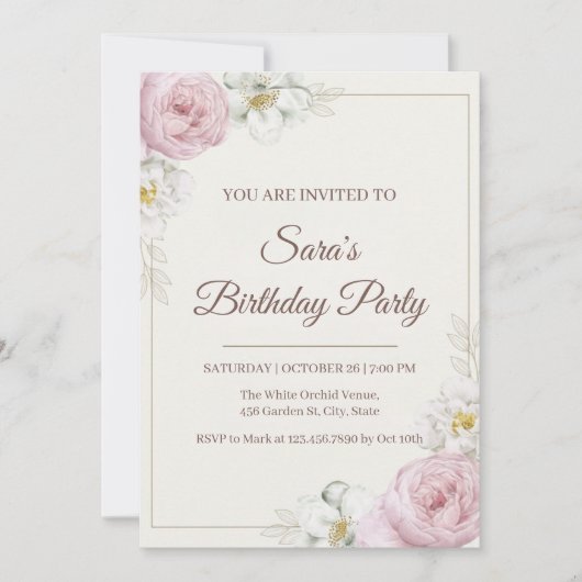 Elegant Floral Birthday Invitation 招待状 (正面)