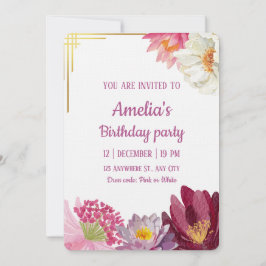 Elegant Floral Birthday Invitation with Gold Frame 招待状
