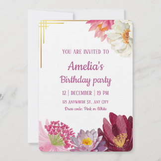 Elegant Floral Birthday Invitation with Gold Frame 招待状