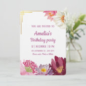 Elegant Floral Birthday Invitation with Gold Frame 招待状 (スタンド正面)