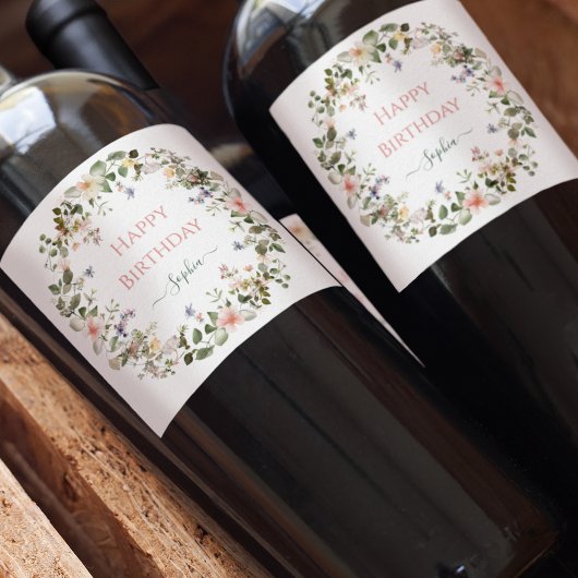 Elegant Floral Birthday – Personalized Wine Label  ワインラベル