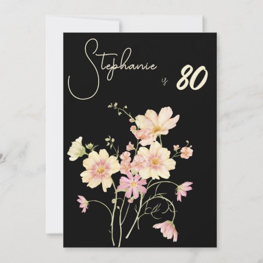 Elegant Floral Black  80th Birthday Rose Gold Foil 招待状 (正面)